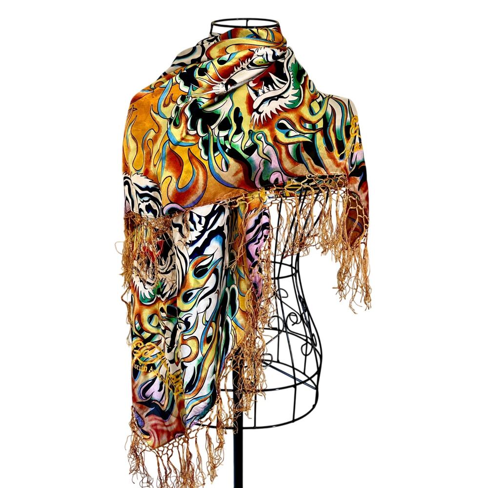 Vintage Y2K Ed Hardy Christian Audigier Silk Fringe Scarf Wrap Tiger Art Print